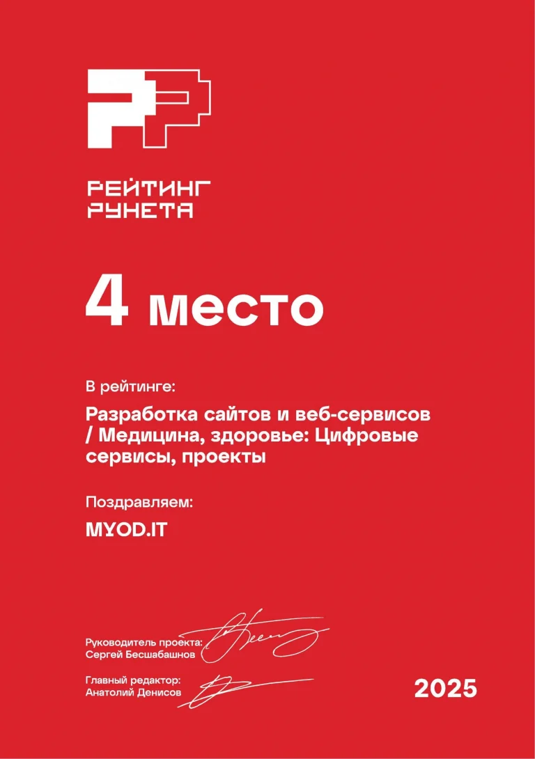 Диплом Рейтинг Рунета 2025 — Разработка сайтов, Медицина, 4 место